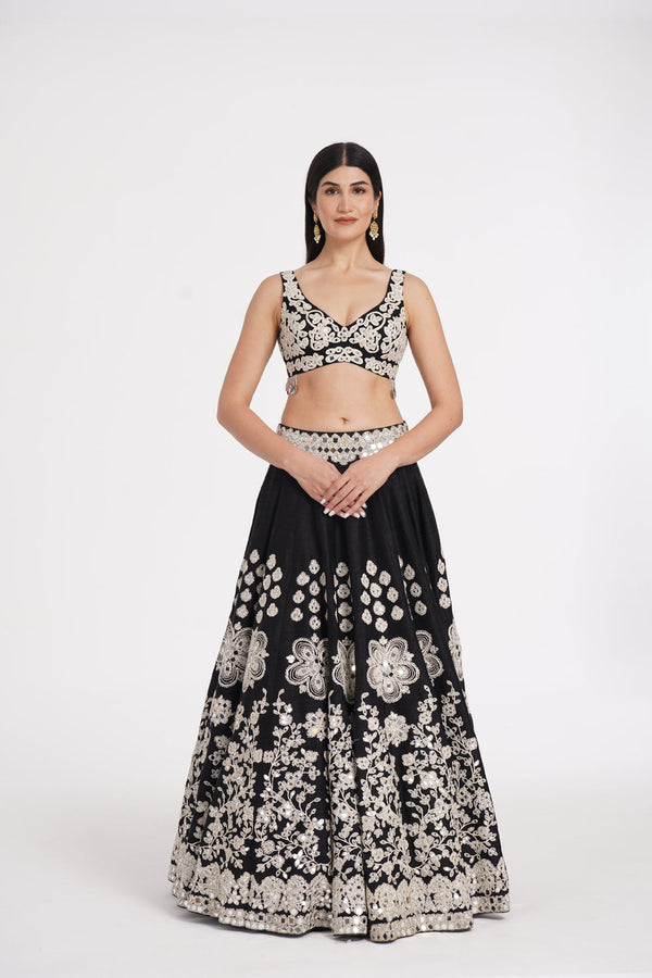 Jet Black Lehenga Set Embellished Using Ivory Details