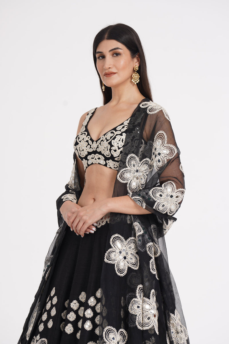 Jet Black Lehenga Set Embellished Using Ivory Details