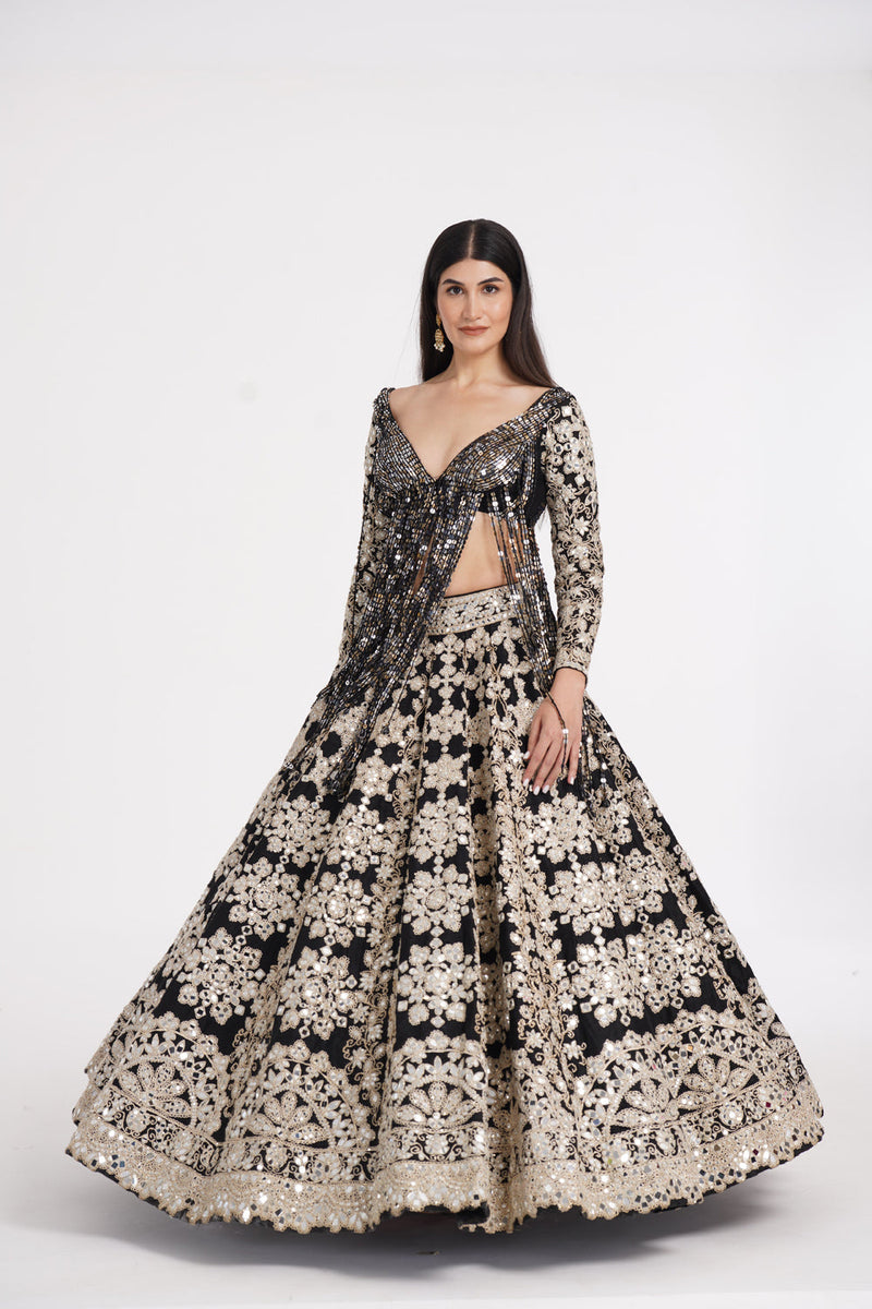 Jet Black Lehenga Set Embellished Using Ivory Details