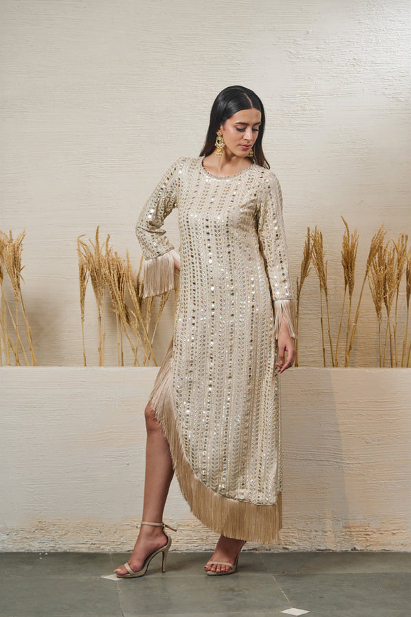 High Low Ivory Dress With Tassel Work