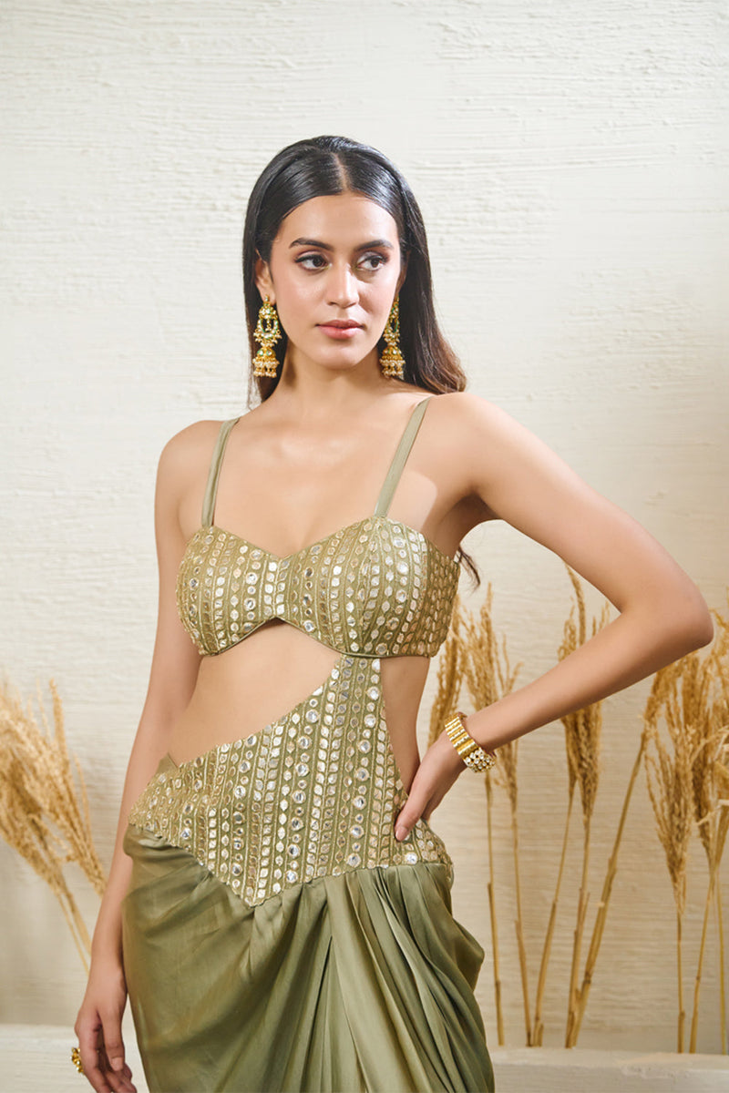 Sage Green Drape Saree With Attached Blouse