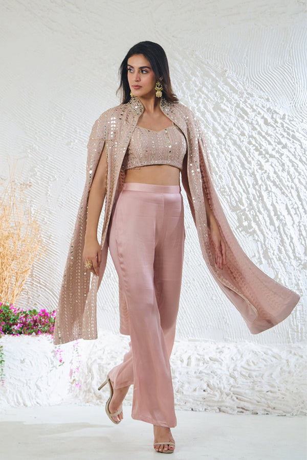 Nude Pink Cape Style Jacket With Bustier & Pants