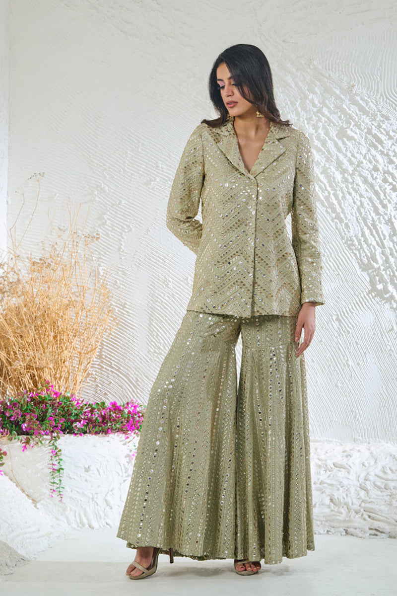 Sage Green Sharara With Short Style Kurta Jacket