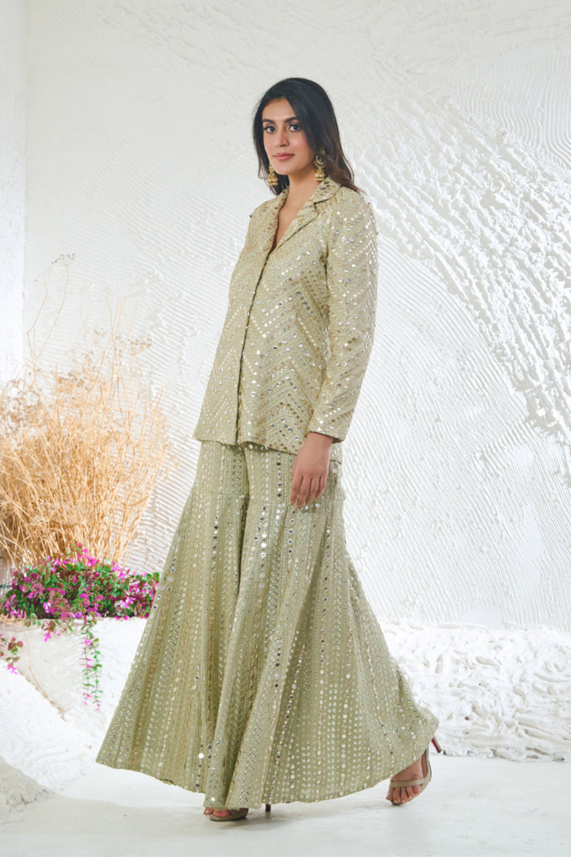 Sage Green Sharara With Short Style Kurta Jacket