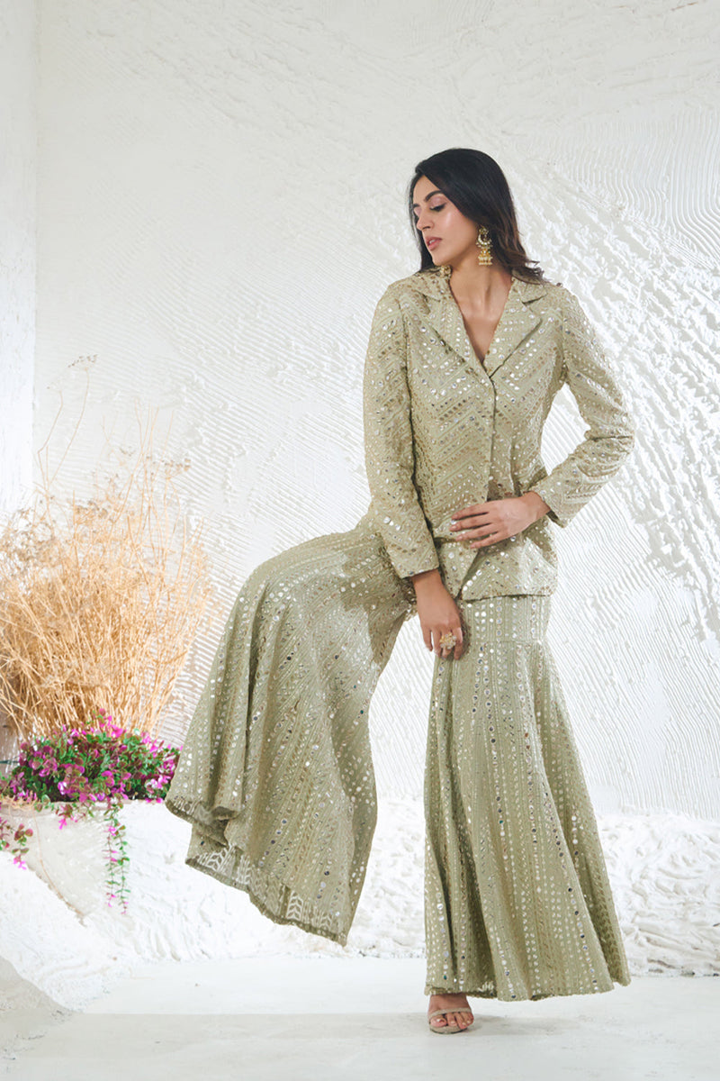 Sage Green Sharara With Short Style Kurta Jacket