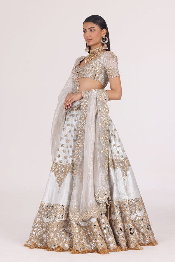 Silver Brocade Golden Embellished Lehenga Set