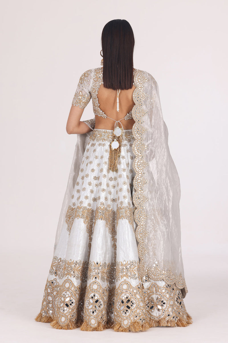 Silver Brocade Golden Embellished Lehenga Set