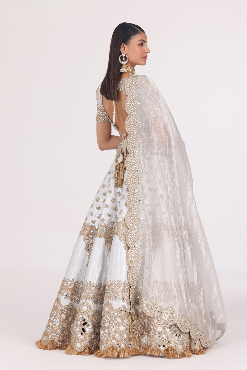 Silver Brocade Golden Embellished Lehenga Set