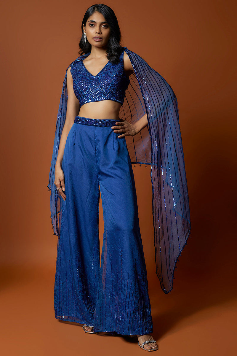 Royal Embroidered Blue Choli, Pants And Cape Set