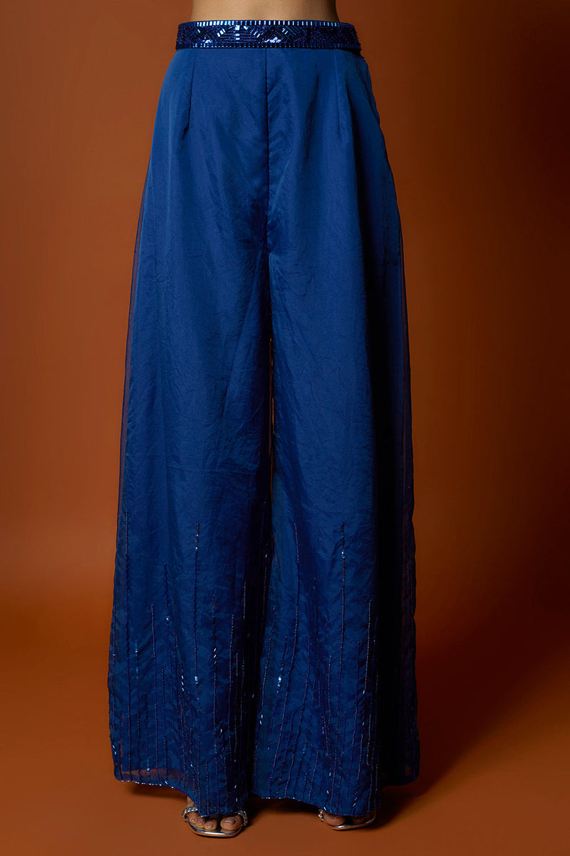 Royal Embroidered Blue Choli, Pants And Cape Set