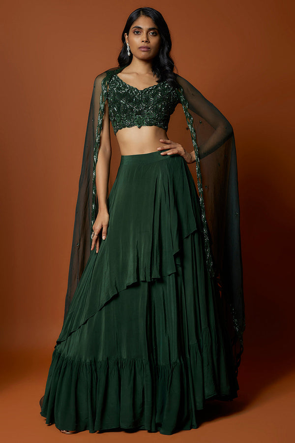 Forest Green Embroidered Choli, Skirt And Dupatta Set