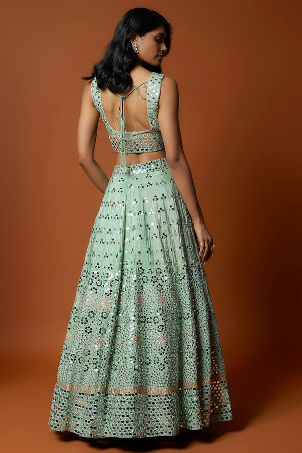 Sea Green Mirror Embroidered Lehenga Set