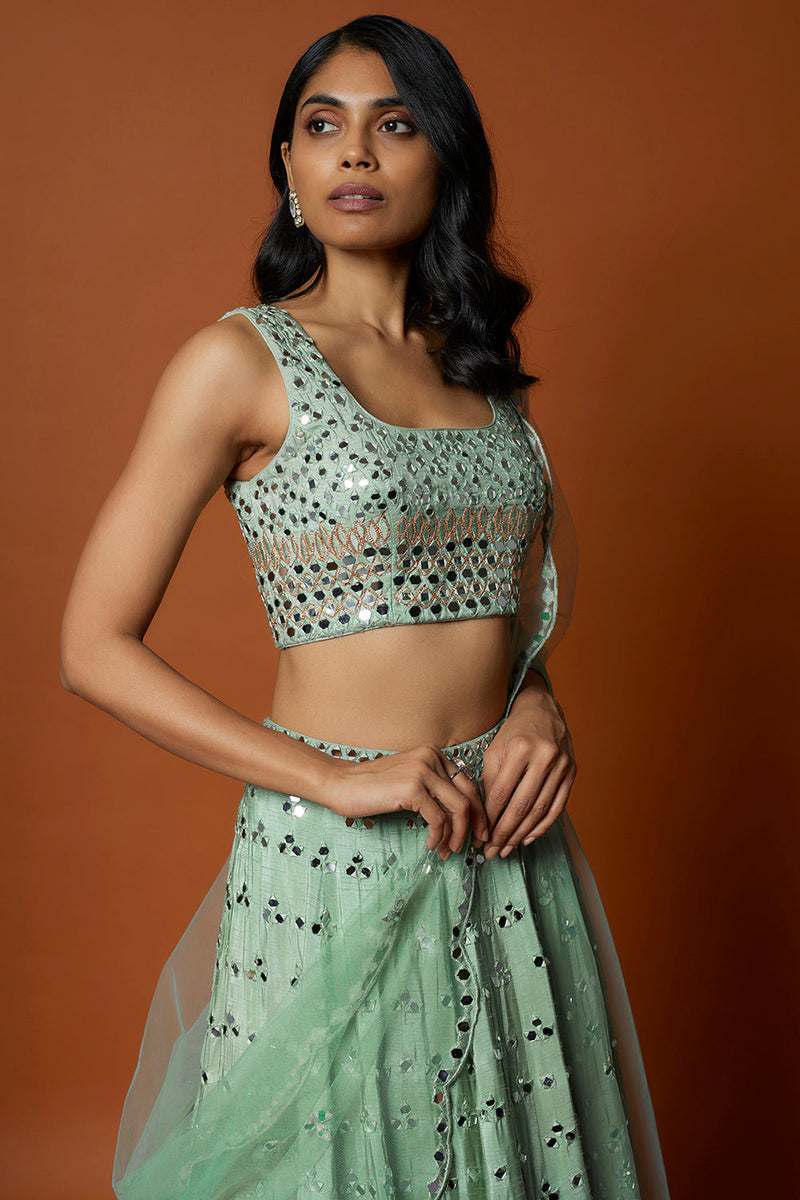 Sea Green Mirror Embroidered Lehenga Set