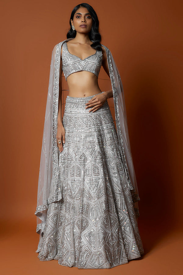 Silver Grey Embroidered Lehenga Set