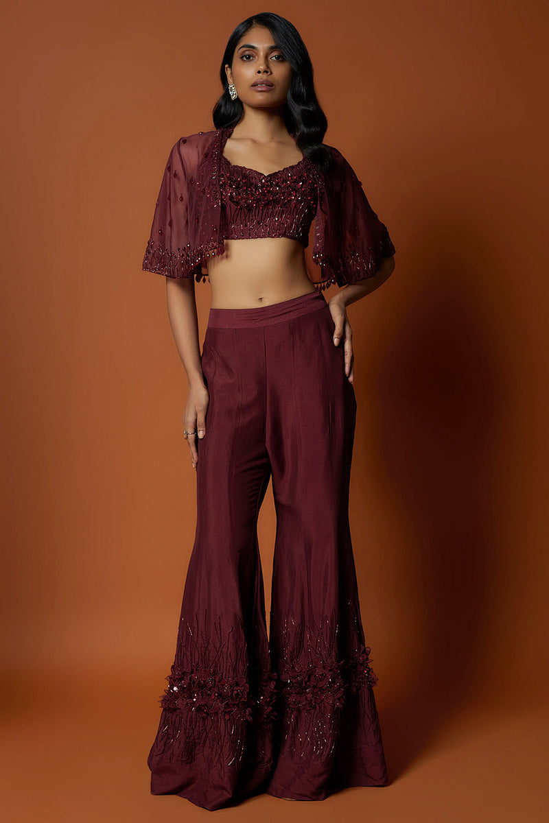 Maroon Red Embroidered Choli, Sharara, Short Jacket Set