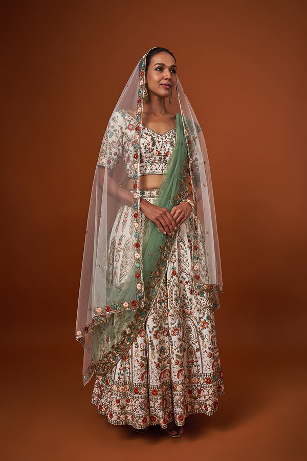 Ivory Embroidered Lehenga Set With Contrast Dupatta