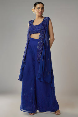 Royal Embroidered Blue Choli, Pants And Jacket Set