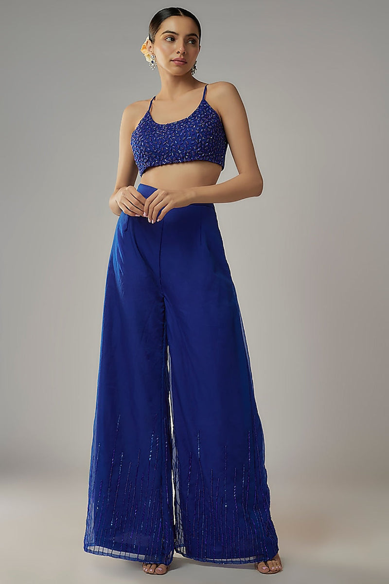 Royal Embroidered Blue Choli, Pants And Jacket Set