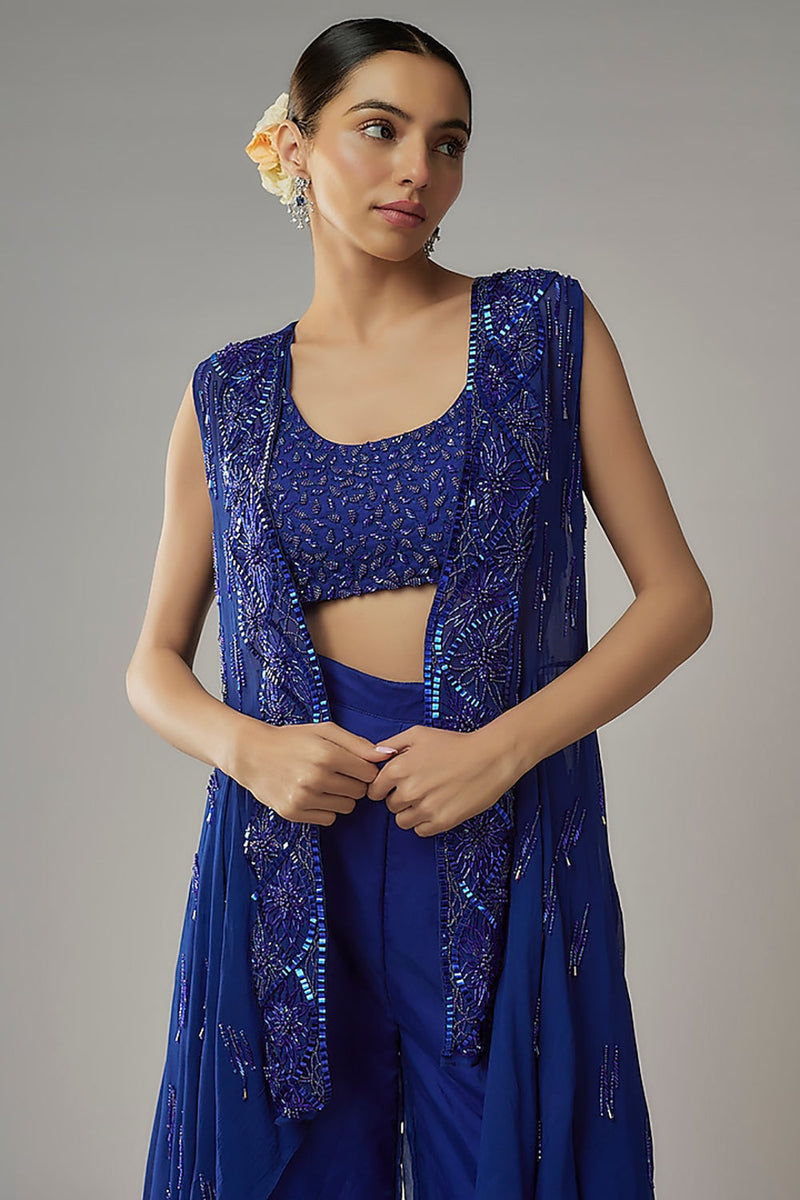 Royal Embroidered Blue Choli, Pants And Jacket Set