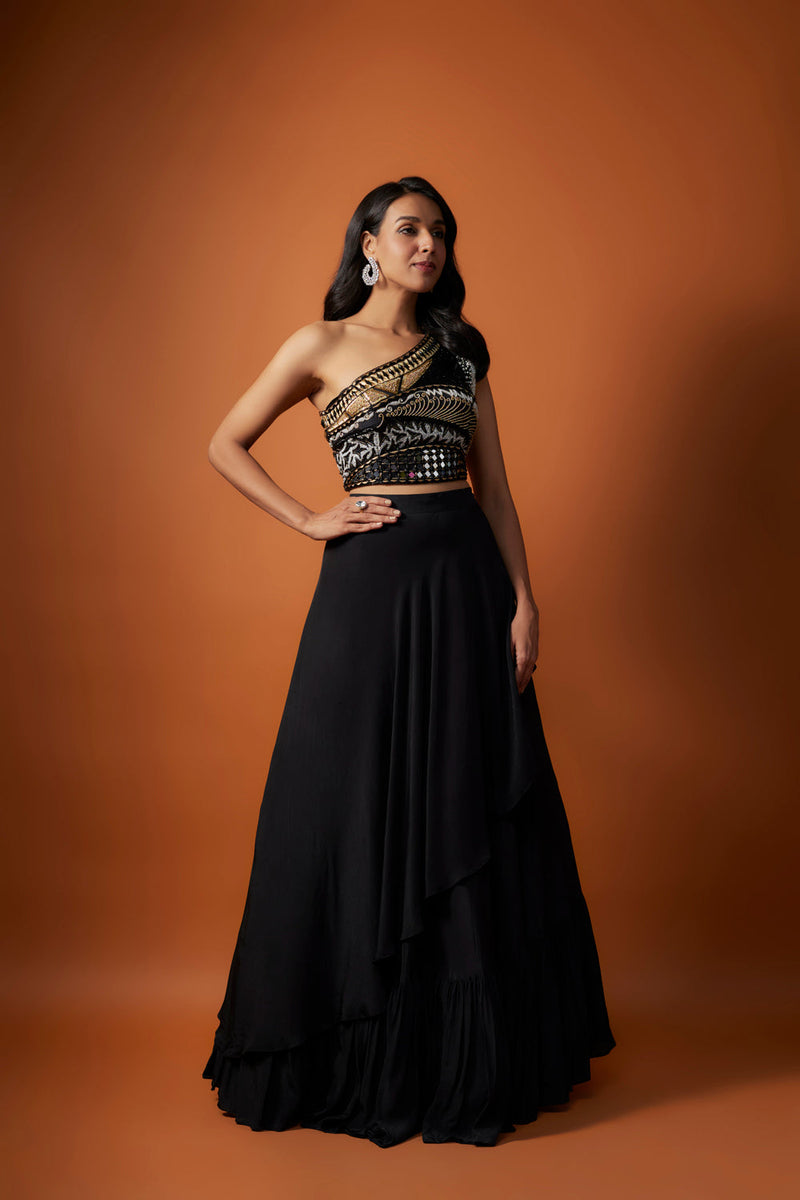 Black One Shoulder Embroidered Choli With Asymmetrical Lehenga Set