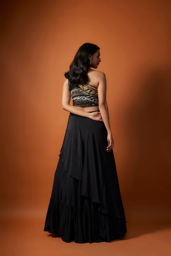 Black One Shoulder Embroidered Choli With Asymmetrical Lehenga Set