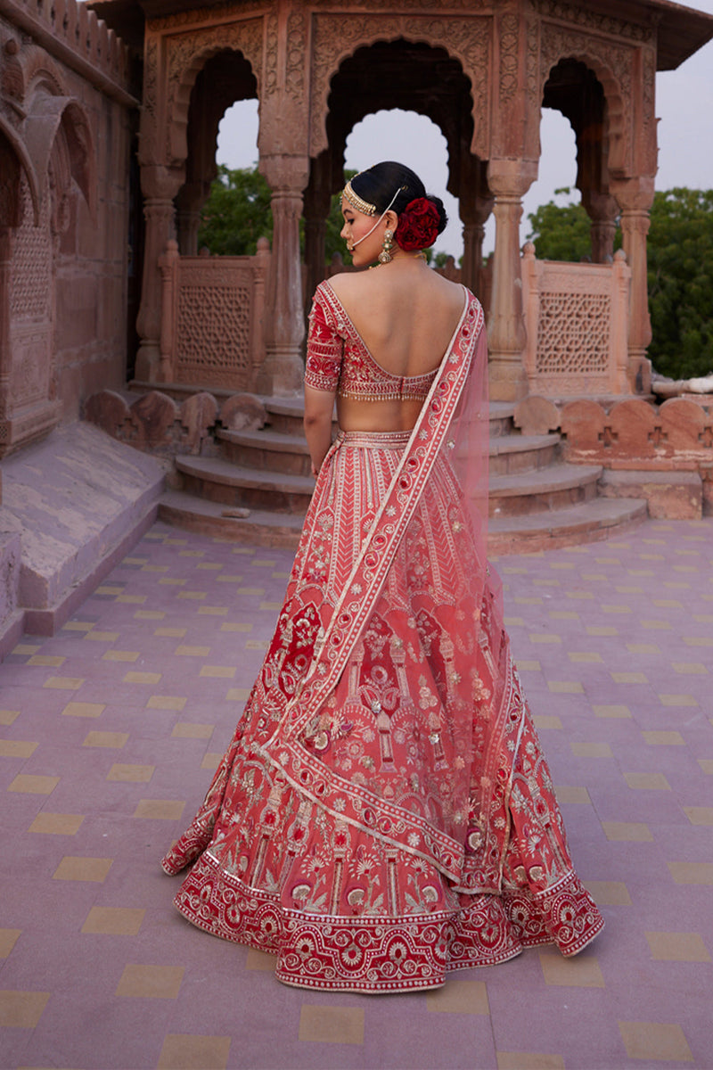 "Anamika" Coral Zardosi Hand Embroidered Bridal Lehenga Set