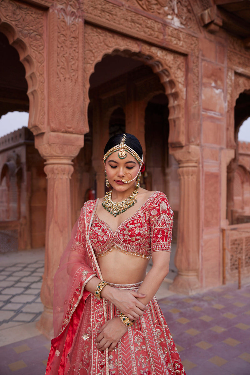 "Anamika" Coral Zardosi Hand Embroidered Bridal Lehenga Set