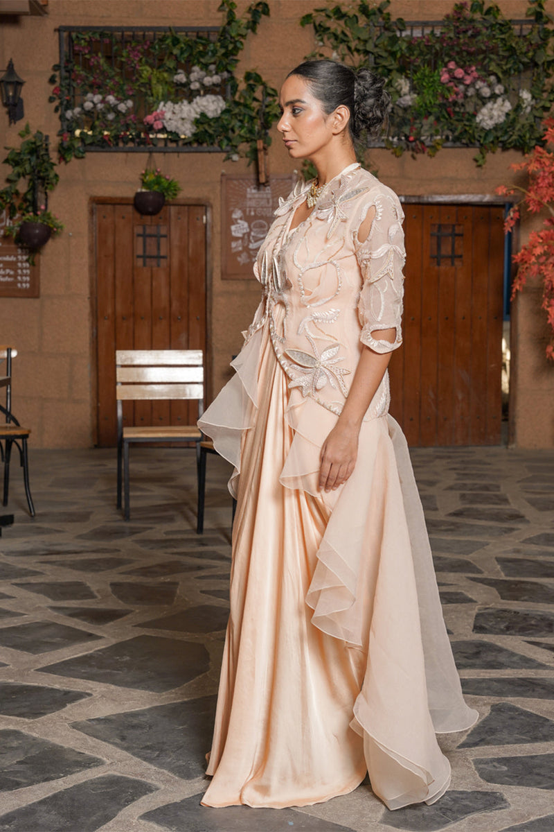 Layered Organza Drape Jaket With Cutwork Jacket And Drape Dress