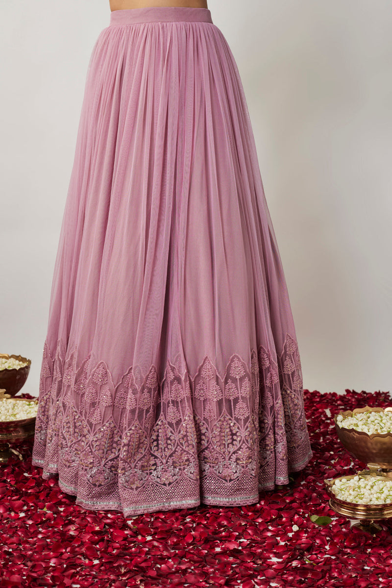 Mauve Sequin & Thread Embroidered Net Lehenga Set