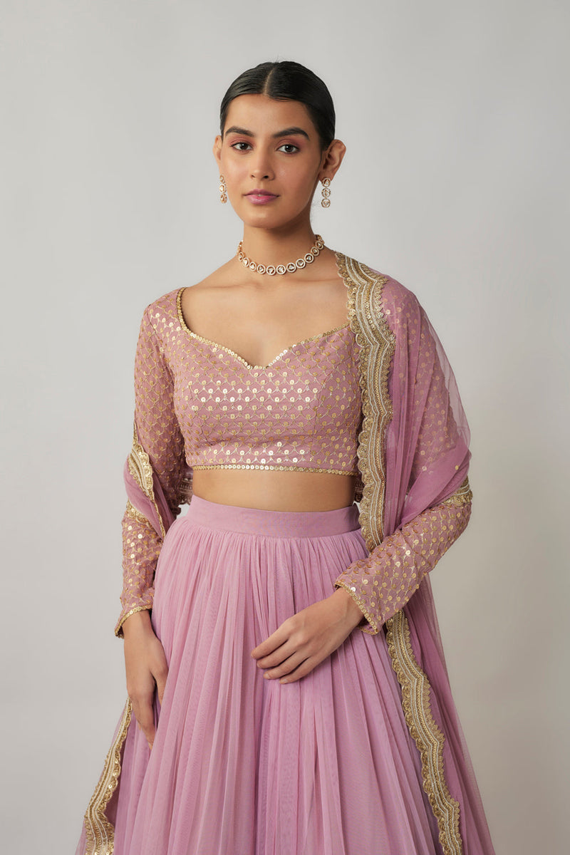 Mauve Sequin & Thread Embroidered Net Lehenga Set