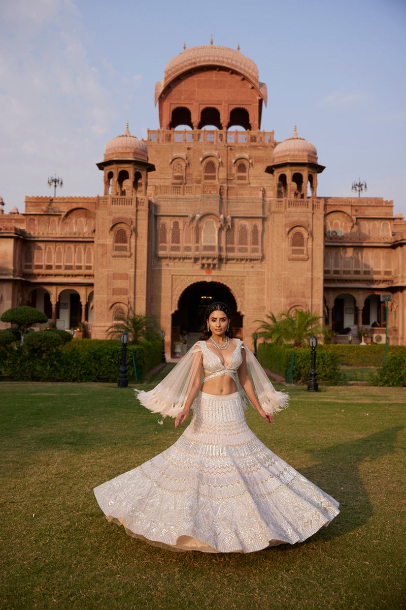 "Armina" Silver Sequin And Crystal Beads Hand Embroidered Lehenga Set With Cape