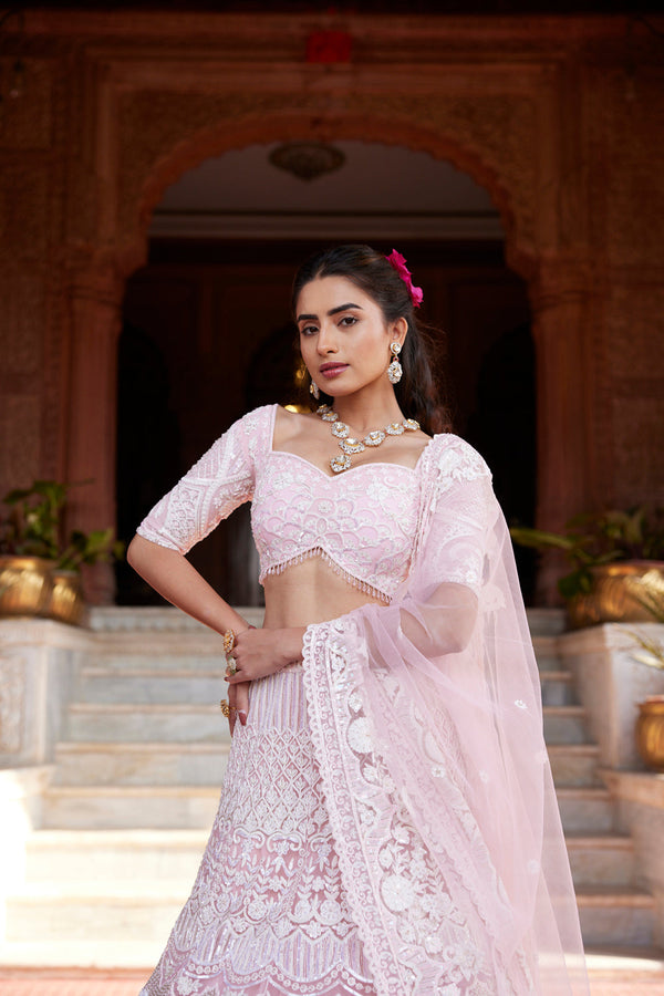 "Arya" Blush Pink And Ivory Resham Kashmiri Embroidered Lehenga Set