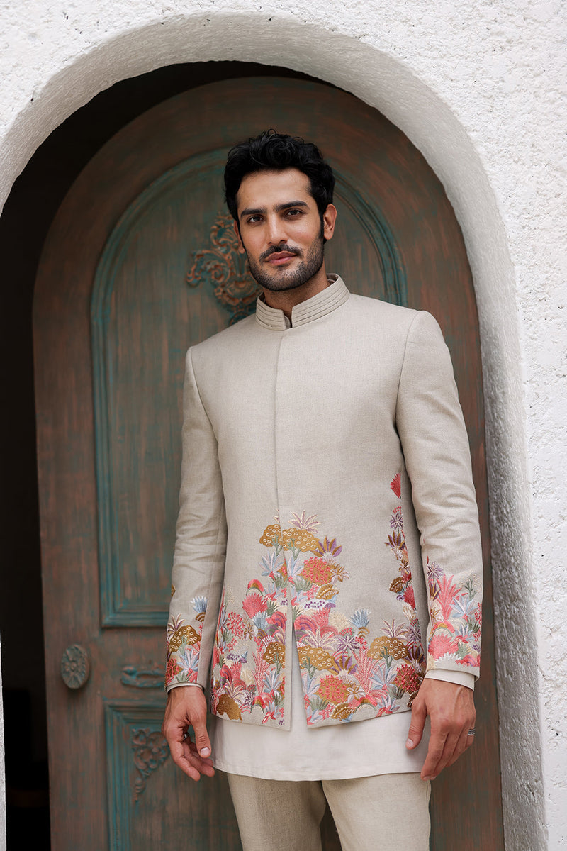 Tan Floral Resham Embroidery Bandhgala