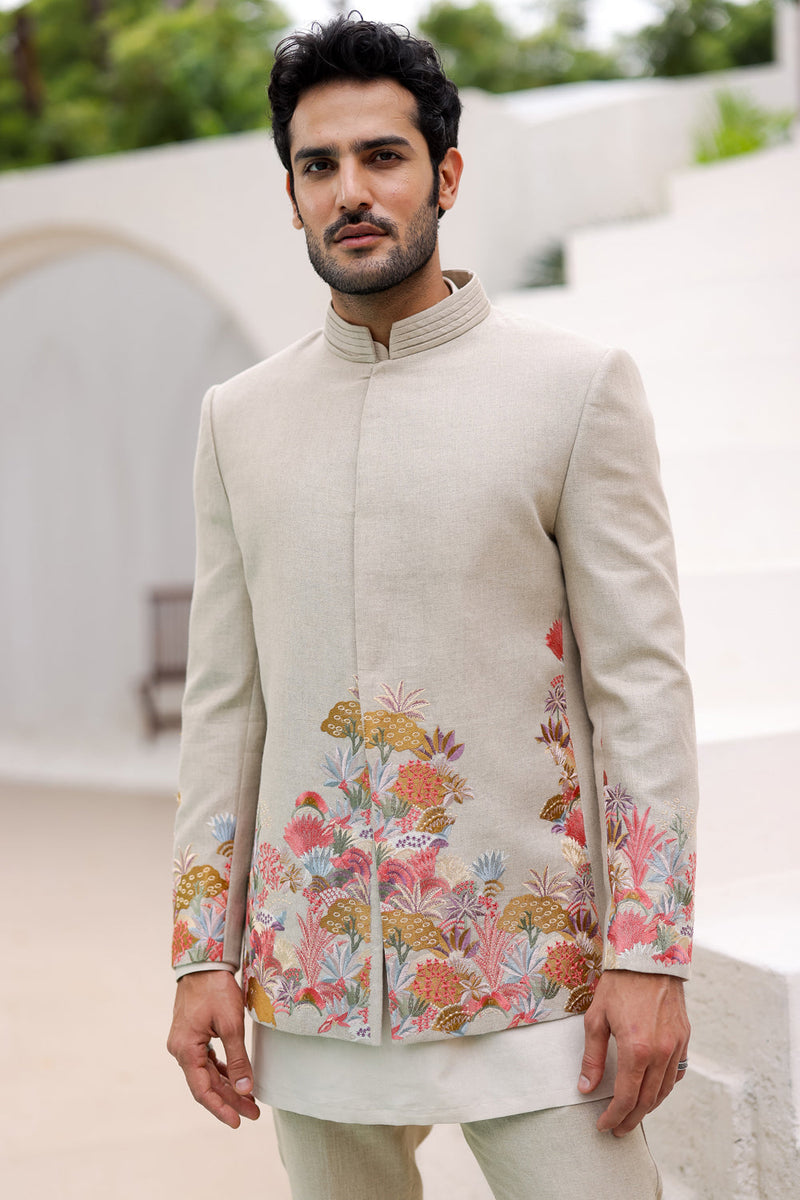 Tan Floral Resham Embroidery Bandhgala