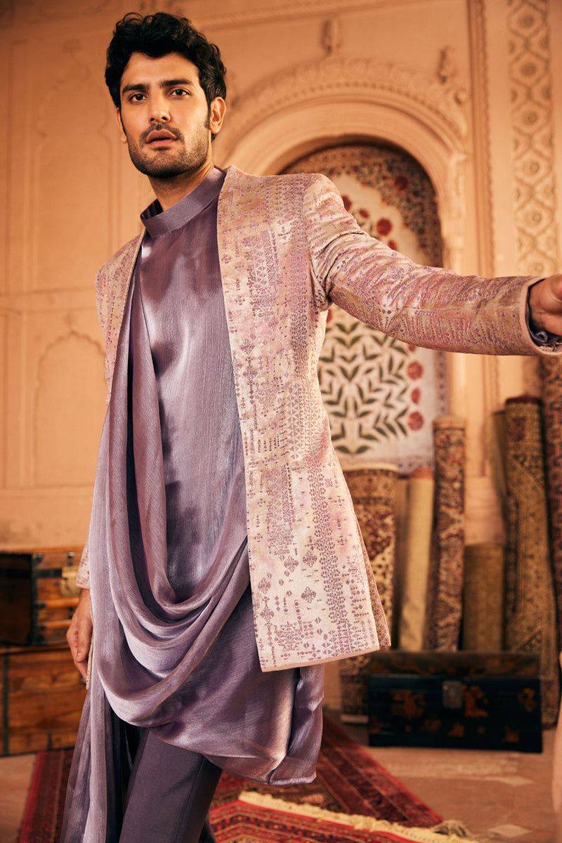 Lilac Resham Embroidery Bandhgala With Anarkali Kurta