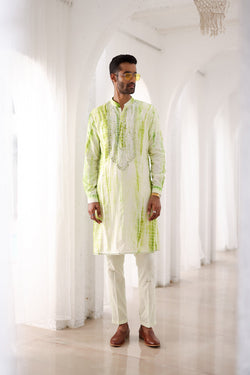 Green Tie-Dye Mirror Work Embroidered Kurta