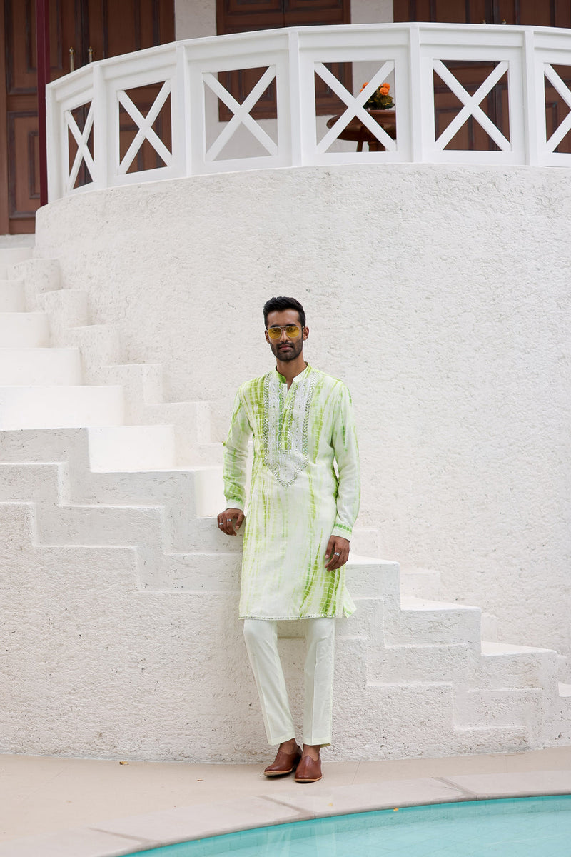 Green Tie-Dye Mirror Work Embroidered Kurta