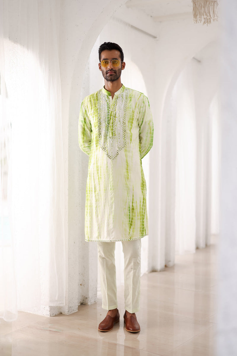 Green Tie-Dye Mirror Work Embroidered Kurta