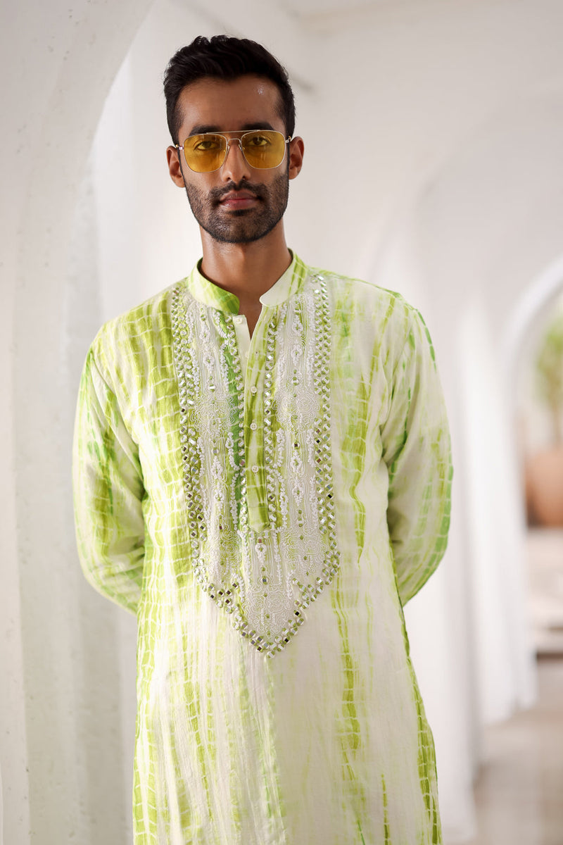 Green Tie-Dye Mirror Work Embroidered Kurta