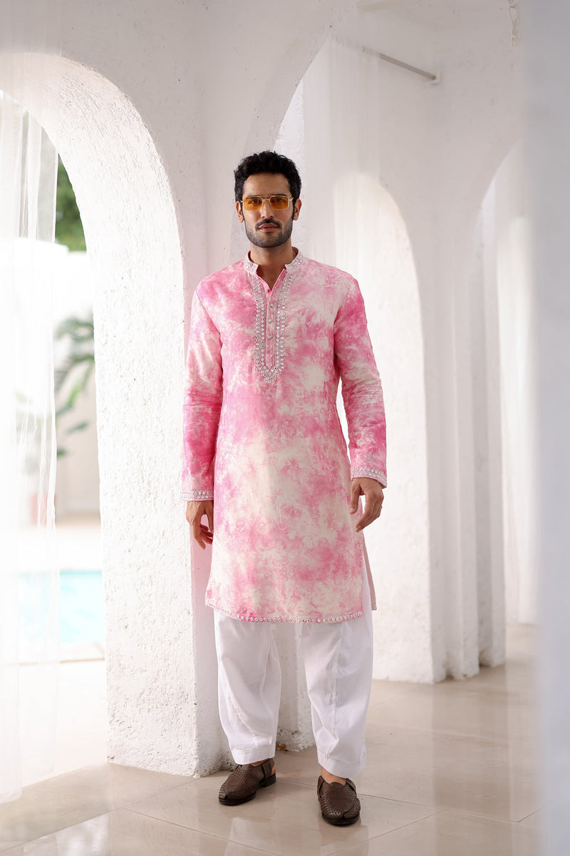 Pink Tie-Dye Mirror Work Kurta Set