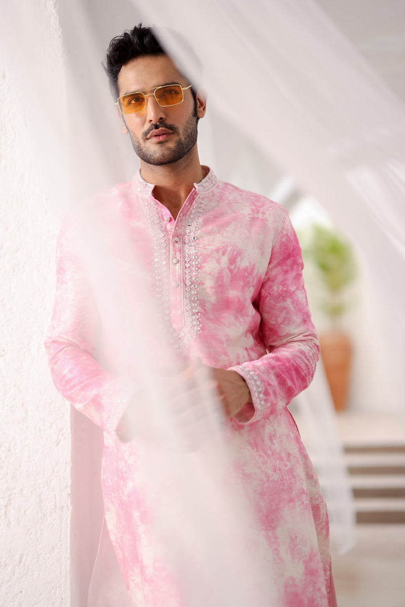 Pink Tie-Dye Mirror Work Kurta Set