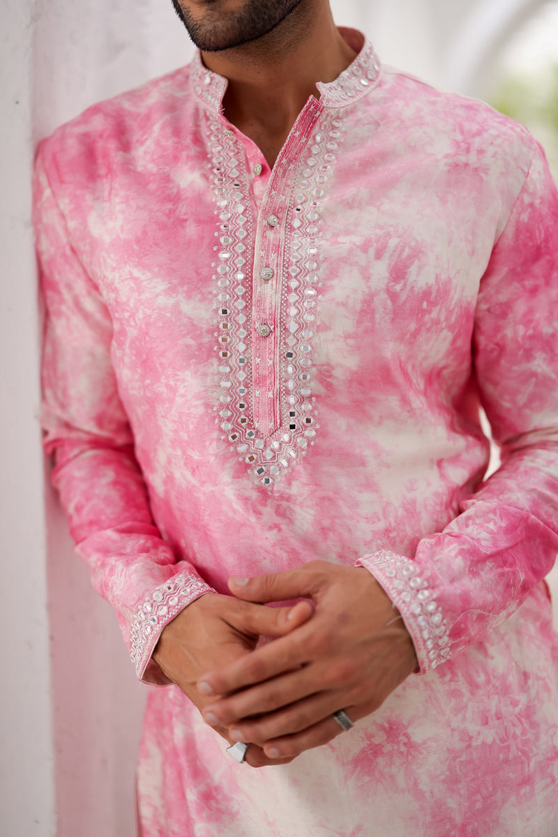 Pink Tie-Dye Mirror Work Kurta Set