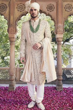 Cream Pitta And Sequins Embroidered Sherwani