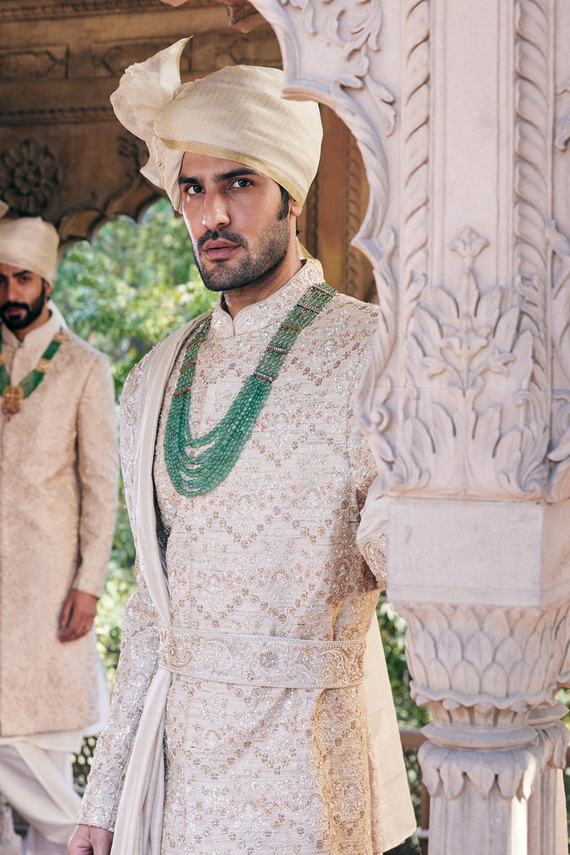 Cream Pitta And Sequins Embroidered Sherwani