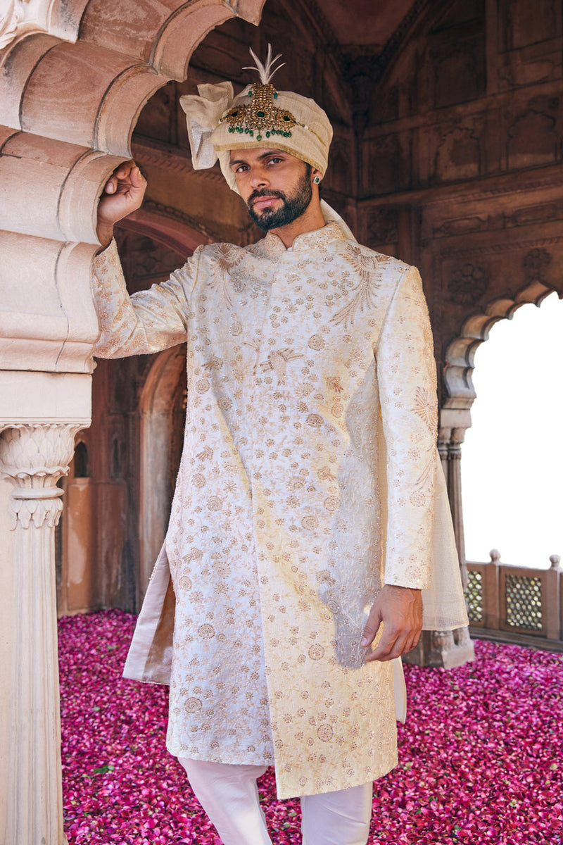 Cream Moti And Sequins Embroidered Sherwani