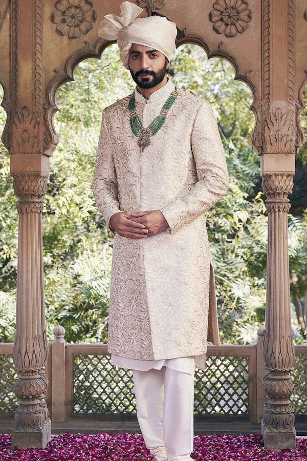 Cream Floral Embroidered Sherwani With Threadwork And Moti Hand Embroidery