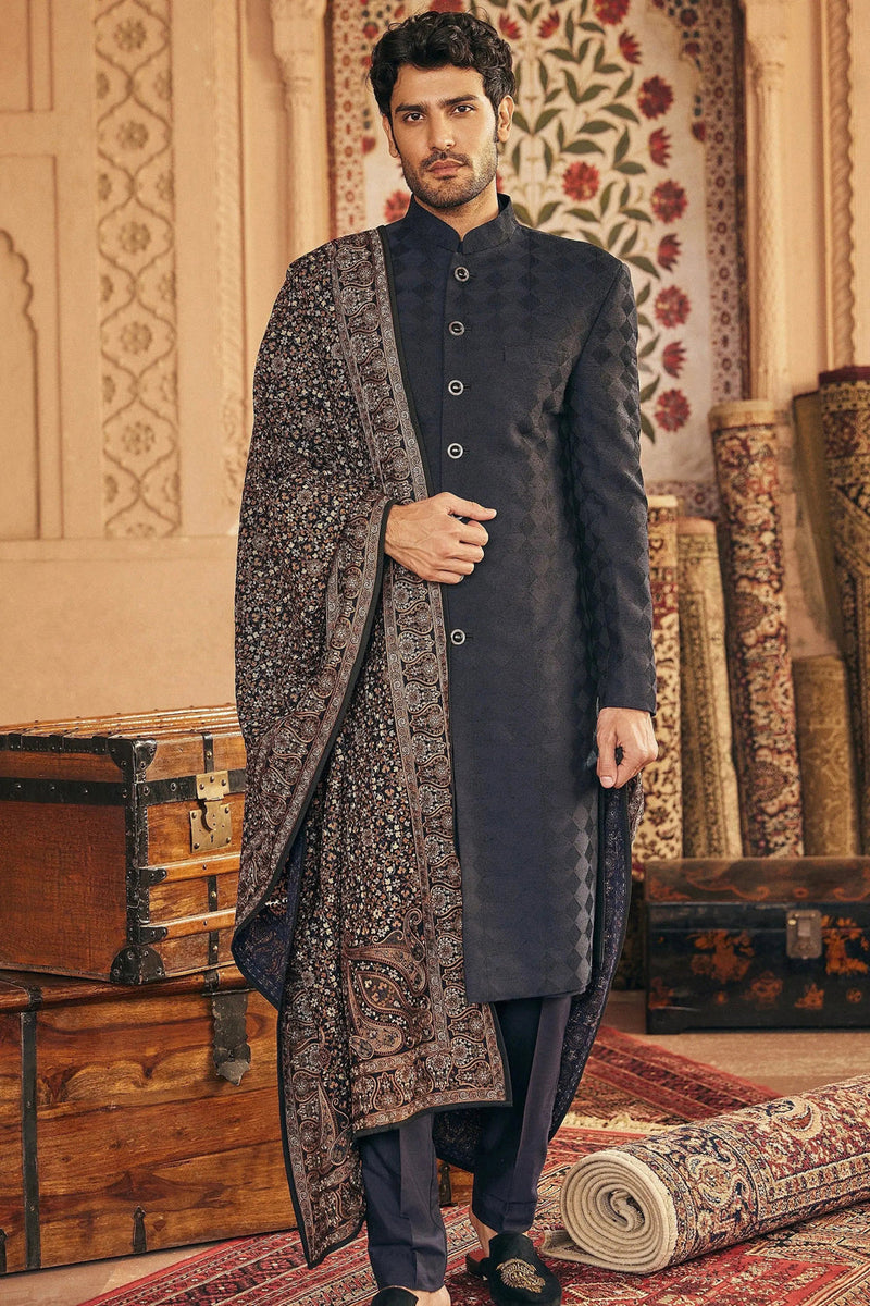 Classic Navy Blue Kashmiri Resham Embroidered Sherwani