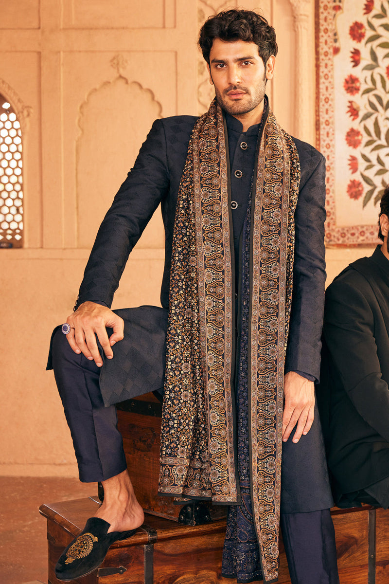 Classic Navy Blue Kashmiri Resham Embroidered Sherwani