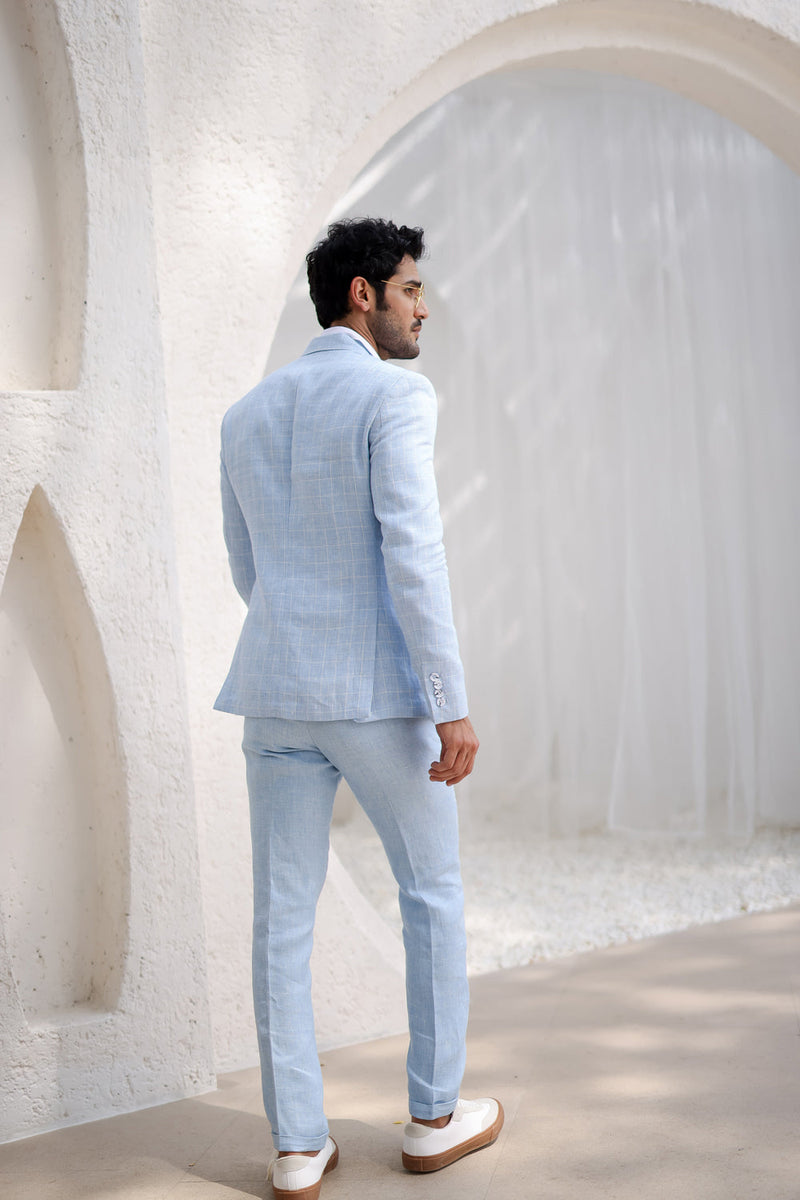 Powder Blue Windowpane Check Blazer Set