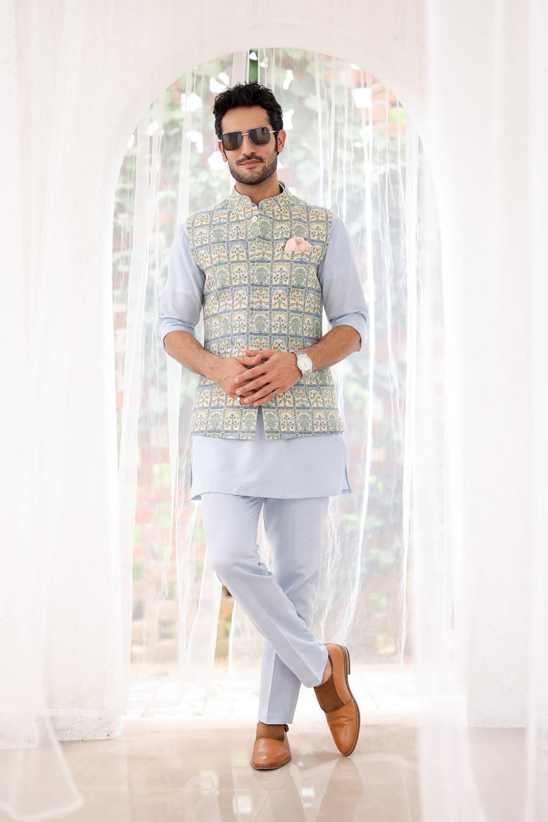 Sky Blue Floral Printed Kurta Bundi Set